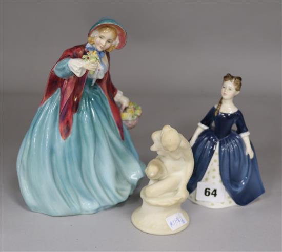 Three Royal Doulton figures, a crouching lady 404 c.1927 Lady Charmain HN1948 & Debbie HN2385